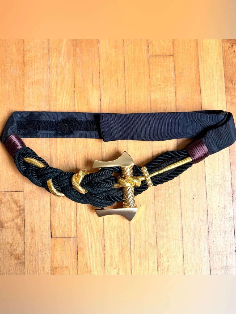Carolyn Tanner Design 1980’s STATEMENT BELT Vintage Huge GOLD Buckle Black Rope